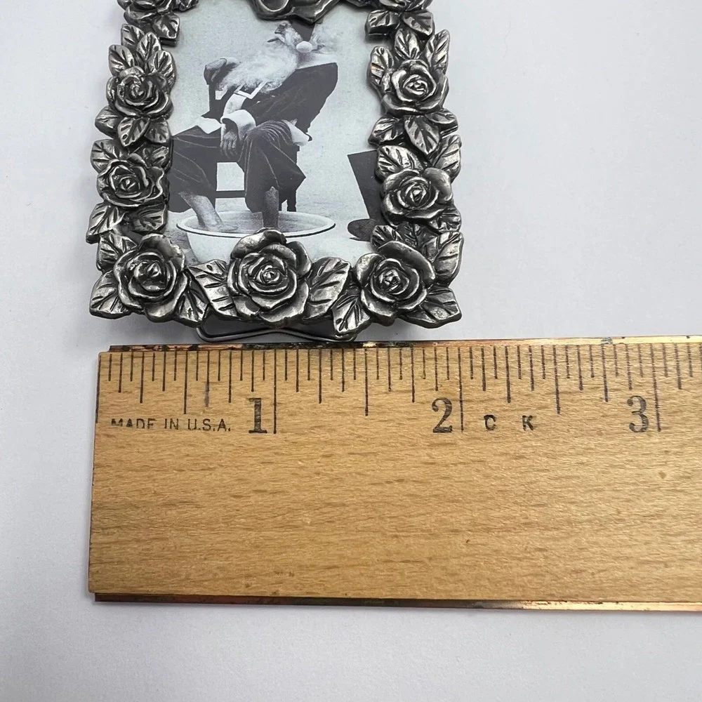 Vintage Mini Picture Frame Silver Rose Cherub Small Pewter Tone Floral Decor